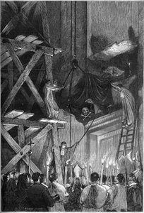 教皇ピウス1世（ピオ）（1792-1878）の葬儀：ローマのサン・ピエトロ大聖堂に遺体を埋葬する様子。1878年3月9日付「Le Monde Illustré」1093号に掲載されたエングレーヴィング。 作： French School
