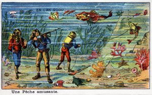 Futuredays:A Nineteenth Century Vision of the Year 2000 Series:楽しい釣り（海の中）。ヴィレマールのクロモリトグラフ 作： French School