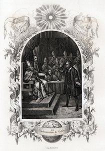 ガリレオ・ガリレイ（1564-1642）がバチカンの聖務庁の前で」 天文学者は1632年に異端審問法廷で判決を受けた。モーリス・ラシャトレ（1814-1900）による『教皇列伝』の挿絵、パリのリブレリー・デュ・プログレ。