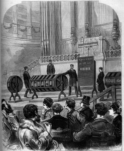 運命のゲーム：1879年1月6日、パリのトロカデロの祝祭ホールで行われた国営宝くじの抽選会。1879年2月1日の "Le Monde Illustré "1140号に掲載されたエングレーヴィング。 作： French School