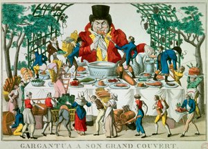 フランスの作家、フランソワ・ラブレー（1494-1553）の小説に登場するキャラクター、ガルガンチュア。ガルガンチュアは大きな天蓋を持ち、あらゆる種類の料理を持っている。19世紀のパリ、カルナヴァレ美術館の版画 作： French School