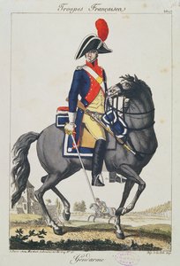 馬に取り付けられたジャンダルメ、1807年（カラー彫刻） 作： French School