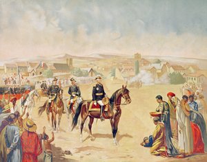 1895年10月1日、マダガスカルのタナナリブに入るジャックアキレデュシェン将軍（1837-1918年）（カラー彫刻） 作： French School
