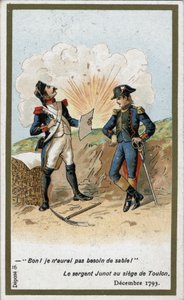 1793年12月のトゥーロン攻防戦でナポレオン・ボナパルトに宛てた手紙を書くアブランテス公爵ジャン・アンドーシュ・ジュノ将軍（1771-1813）。イギリス軍のボールがジュニョー下士官の紙を地で覆った。"さて、"砂は必要ないだろう！"と言っていた。 作： French School