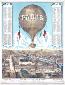 パリの概観とパリ包囲戦中の気球出発場所のリスト、1871年 作： French School
