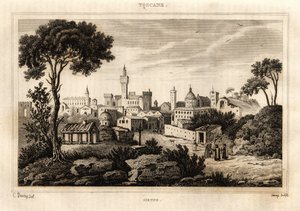 トスカーナ地方のシエナ（Siena）の全景、C. Devezeによる「Italy picturesque」の彫刻、Amable Coste編集者