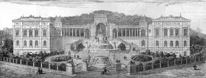 アンリ・ジャック・エスペランデュー（1829-1874）が1862年に建設したブローシュ・デュ・ローヌ県マルセイユ市のロンシャン宮（13）の幾何学的な外観。4月30日付「Le Monde Illustré」681号に掲載されたエングレーヴィング。 作： French School