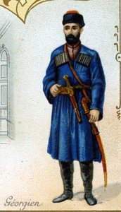 ジョージアンの男性。19世紀末のパリのリトグラフ版。1869年に制作されたディジョンのビスケット・ペルノ社の25枚の広告用リトグラフシリーズ。伝統的な衣装を着た登場人物のディテール 作： French School