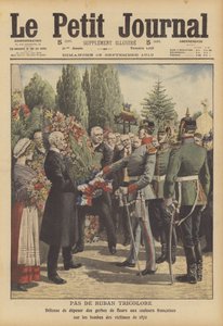 普仏戦争で戦死した兵士の墓にフランスの三色旗のリボンをつけた花輪を置くことを拒否するドイツの兵士たち（カラーリトグラフ 作： French School
