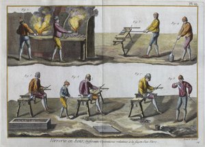 ガラス吹き、デニスディドロの百科事典デサイエンスエメティエのイラスト（1713-84）、ロバートベナールの彫刻（fl.1734）、c.1770（カラー彫刻）を公開（326119も参照） 作： French School