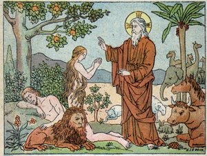 神：創造の6日目 - 『120の画像で見る聖なる歴史』編。メゾン・ド・ラ・ボンヌ・プレス、パリ 作： French School