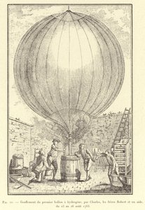 1783年8月23日から26日にかけて、チャールズ、ロバート兄弟、ヘルパーが行った最初の水素気球の爆破作業（エングレービング 作： French School