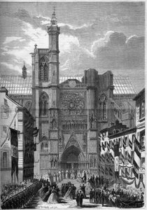 ゴシック建築：1862年にナポレオン3世とImpress Eugenie de Montijoが訪問した際の、ピュイ・ド・ドーム（63）にあるクレモン・フェランのノートルダム大聖堂の眺め。1862年7月19日付「Le Monde Illustré」275号に掲載されたエングレーヴィング。 作： French School