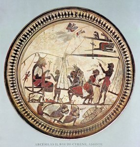 キュレネの王アルセシラス2世（紀元前560〜550年）を描いたギリシャカップ。紀元前6世紀のオリジナルのコピーであるシルフィウムの計量と積み込みを観察しています。 作： French School
