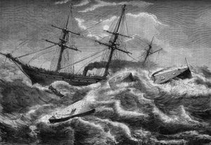 アメリカ南北戦争（1861～1865年）：1862年12月31日、ウェルミントン（サウスカロライナ州）で連邦軍の戦艦「モニター」が沈没した。1863年1月7日付の "Le Monde Illustre "304号に掲載された図版。 作： French School