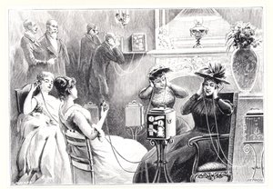 1892年に出版されたLa NatureのMarinovitchsとSzarvadys Theatrophoneのオペラまたは劇場公演の直接中継を聞くパリのホテルのゲスト 作： French School