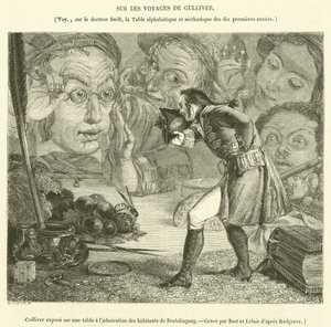 ブロブディンナグの住人の賞賛のためにテーブルの上に飾られたガリバー(彫刻) 作： French School