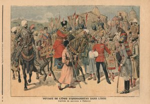 ハビブラカーン（1872〜1919年）インドのペシャワールに到着したアフガニスタンのエミール、「ルプチジャーナル」からの挿絵、挿絵、1907年1月20日 作： French School