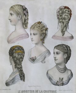 ヘアスタイル、1879年12月10日、ルモニテュールデラヘアのイラスト（カラー彫刻） 作： French School
