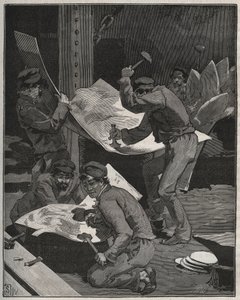 フレデリック・オーギュスト・バルトルディ（1834-1905）が製作した「自由の女神」の部品をハンマーで叩いて組み立てる様子。Adolphe BITARDの "Les arts et metiers illustres "に掲載された1880年のエングレーヴィング。 作： French School