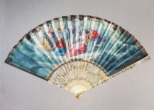 踊りと遊びを描いたハンドファン、白鳥の革に象牙のガードスティック、マザーオブパールをはめ込んでいます。