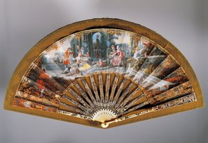 開放的な朝食のシーンを描いたハンドファン、ペイントされたペーパーファン、象牙のガードスティックに金と銀のダマスコを施したピアス 作： French School