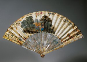 四季の寓意、山羊革の葉、螺鈿のリブが付いたハンドファン。