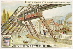 ヴッパー川に架かる列車、真のエクストラデヴィアンデリービッヒの宣伝用広告カード 作： French School