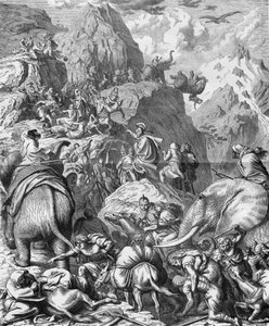 ハンニバルが象を連れてアルプスを越え、イタリアに到着したところ（第二次ポエニ戦争）。19世紀のエングレーヴィング。 作： French School