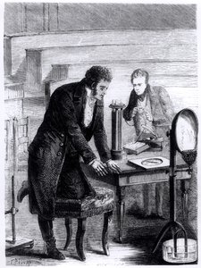 ハンスクリスチャンエルステッド（1777-1851）が1820年に閉電流によって磁気針の偏差を発見した、ルイフィギエ（1819-94）によるLes Merveilles de la Scienceから、1867 作： French School