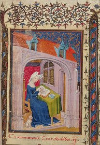 Harl 4431 f.4 Christine de Pisan がデスクで書いている、「Christine de Pisan の作品」から、パリのコピー、c.1410-15 (ベラム) 作： French School