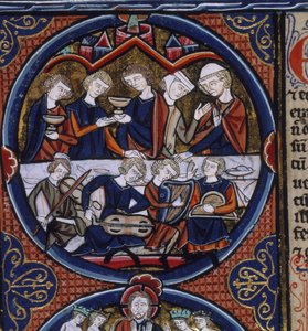ハーレー 1527 fol.36v ミュージシャンとの宴会、「聖書のモラリゼ」、パリ、1240年頃（ベラム） 作： French School