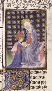 ハーレー 2897、f.340v: 聖母を指導する聖アンナ、パリで書かれ、照らされた (ベラム) 作： French School