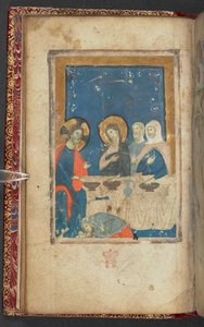 ハーレー 2928、f.16v、パリサイ人シモンの家での食事 (ベラム)