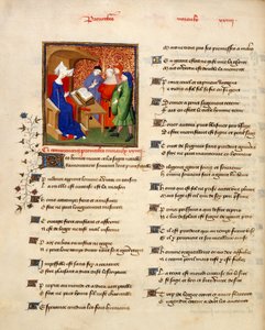 Harley 4431 volume II、f.259v 「The Book of the Queen」の「Proverbes moraux」の冒頭で道徳的なことわざを読んでいる女性のミニチュア、Christine de Pizan作、c.1410-14 ベラムで）