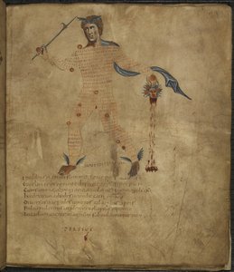 ハーレー 647、f.4 ギリシャ神話の英雄、ペルセウスのイラスト、蛇の髪のメデューサの頭、星座の図の中に文字またはスコリアを持ち、「アラトゥス」より、マーカス トゥリウス キケロ (ベラム)