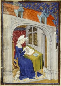 Harley MS 4431 f.004r 「Cent balades」の冒頭の書斎にある Christine de Pizan のミニチュアの詳細、c.1410-14 (羊皮紙にインクとカラー) 作： French School