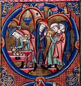 ハーレー Ms.1526 fol.27 メネラウスは貢納金をシリア王アンティオコスに届け、13 世紀後半に賄賂で大神権を確保した (ベラム)