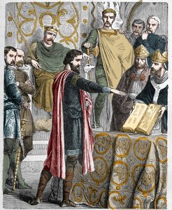 ハロルド2世（1020-1066） 1064年にアングロサクソン最後の王が戴冠。エドワード懺悔者の死後、征服者ウィリアム1世の前で、イングランドの王位に就いて自分の主張を支持することを聖遺物の上で誓った。 作： French School
