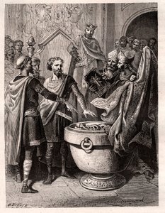 ハロルド2世（1020-1066） 1064年にアングロサクソン最後の王冠を戴く。1064年頃、エドワード懺悔者の死後、イングランドの王位に就くために、征服者ウィリアム1世の前で聖遺物を使って宣誓した（Harold sweathing an oath on sacred relics ( 作： French School