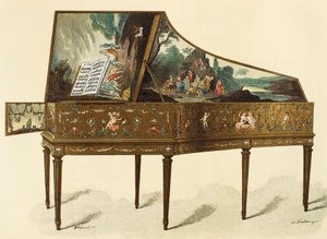グロテスクな装飾が施されたチェンバロ（Henry Havard著「Dictionary of Furniture and Decoration」第1巻より引用 作： French School