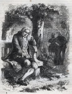 彼はキスのささやきを聞いた。"スイスの哲学者ジャン・ジャック（Jean Jacques）ルソー（1712-1778）は、伴侶のマリー・テレーズ（Marie Therese）ル・ヴァッスール（Levasseur）（1721-1801）を完全な不倫状態で驚かせます。Histoire Des Cocuses』に掲載された1871年のエングレーヴィング 作： French School