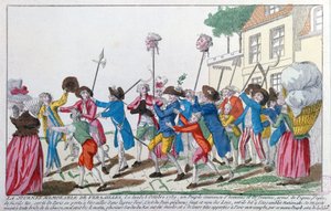 1789年10月5日にベルサイユでパリの暴徒によって殺された2人の王の警備員の頭が勝利を収めてパリに運ばれました 作： French School