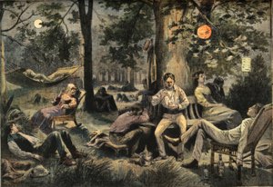 1908年7月26日の新聞「Le Petit Parisien」に掲載された「ニューヨークの暑さ：公園でキャンプをする住民たち」（エングレービング 作： French School