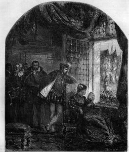 アンリ2世（1519-1559）とディアーヌ・ド・ポワチエ（1499-1566）は、異端者の処刑に立ち会った。アンリ2世は1547年にパリの議会に異端者を裁くための熱烈な会議室を設置させた。1885年頃の「フランス民衆史」に掲載されていた版画。 作： French School