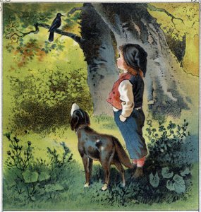 森の中で枝に止まっている黒鳥を観察するアンリは、もし自分が鳥だったらという人生に立ち返る。1885年頃、ゲラン-ミュラー編『幼年期の風景』からのクロモリトグラフ。1885年頃のゲラン-ミュラー編のクロモリトグラフ。