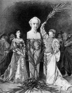 ヴィクトル・ユーゴー（1802-1885）の胸像の前で、フランソワ・コッペ作の「エルナニの戦い」を朗読するサラ・ベルナール（1844-1923）と呼ばれるアンリエット・ロジーヌ・ベルナール。パリ、コメディ・フランセーズ 作： French School