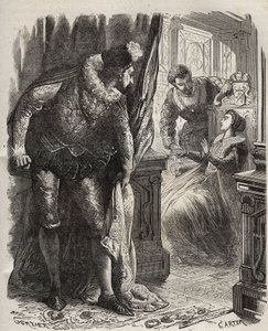 ヘンリー(Henry)・スチュアート(Stuart dit Lord Darnley)(1545-1567)が妻のメアリー(Mary)・アイレ・スチュアート(1542-1587)を驚かせ、私設秘書のデビッド・リッツィオ(d. 1566)と一緒にいるところ。ヘンリー・デ・コック（1819-1892）の『Histoire Des Cocuses Celebres』に掲載された1871年の版画。 作： French School