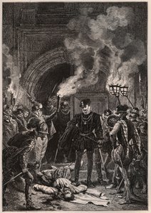 コリニーのガスパール2世（1519-1572）の死体を観賞するギーズ公アンリ1世（1549-1588） - サン・バルテルミーの夜明けにて、1572年8月24日（サン・バルテルミー） - フランスのプロテスタント提督であり、宗教的指導者であったコリニー、サン・バルテルミーで殺害される。 作： French School