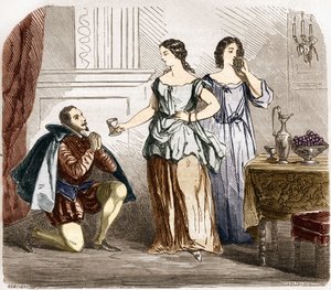 半分裸の女性たちに奉仕されるフランス王アンリ4世（1553-1610）。古代から現代までの世界のすべての民族における売春と放蕩の歴史」に掲載されている版画で、Dr. Th.-F.デブレイ博士による「古代から現代までの世界のあらゆる民族における売春と放蕩の歴史」の版画。1879. 作： French School